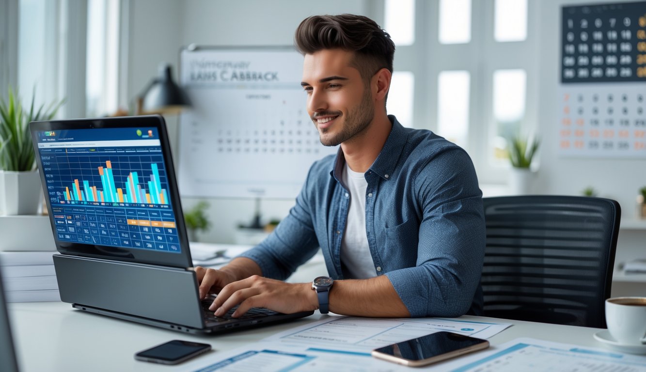 Seorang pria muda duduk di meja kerja dengan laptop dan dokumen keuangan, menunjukkan fokus pada strategi meraih keuntungan maksimal di togel online.