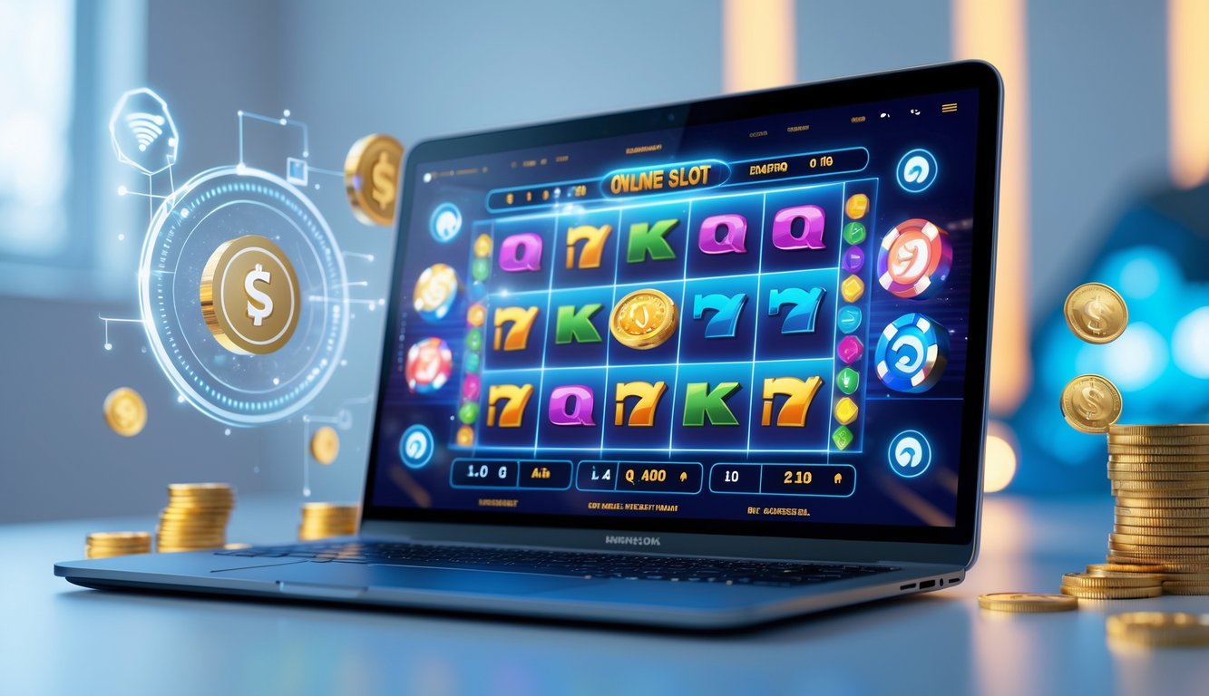 Seorang pria menggunakan laptop dengan tampilan permainan slot online berwarna-warni di layar, dikelilingi oleh koin virtual dan ikon teknologi.