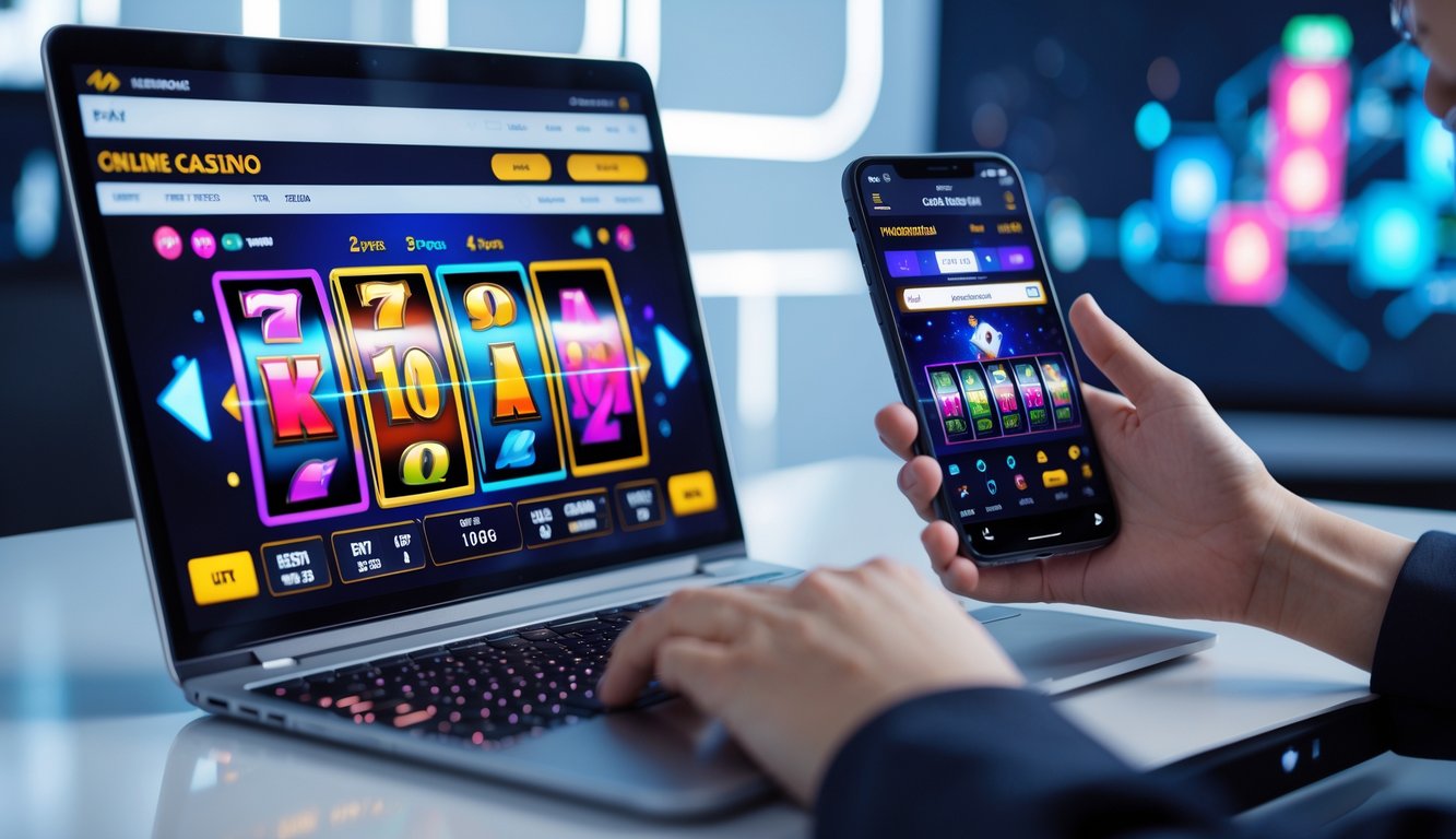 Seorang pengguna berinteraksi dengan laptop dan ponsel yang menampilkan permainan slot online berwarna-warni di sebuah ruang kerja yang terang dan modern.