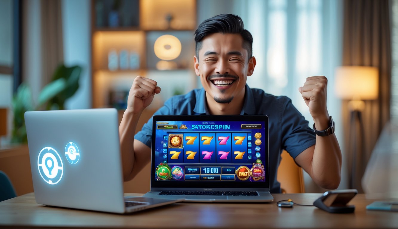 Seorang pria tersenyum gembira sambil bermain permainan slot online di laptop di ruang kerja modern.