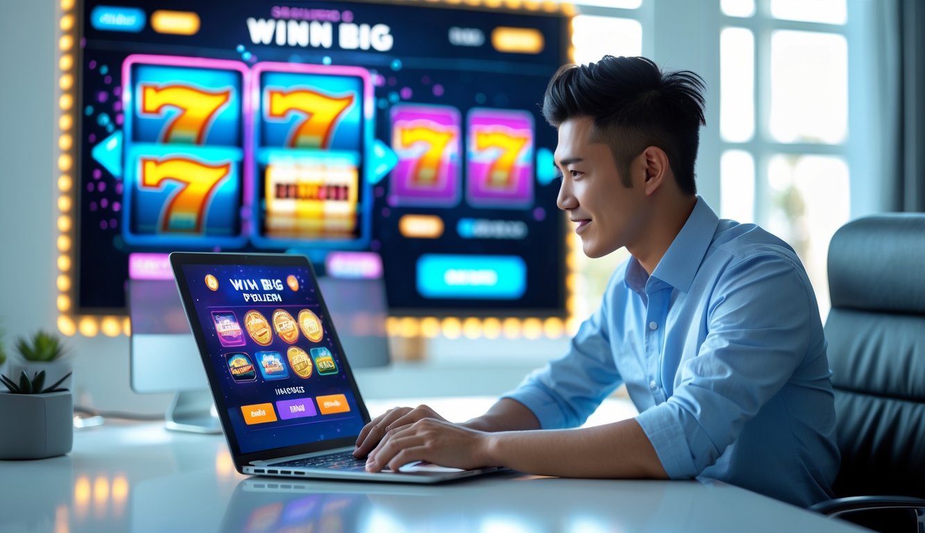 Seorang pria muda Indonesia duduk di meja dengan laptop, fokus bermain permainan slot online di ruang kerja yang terang dan modern.