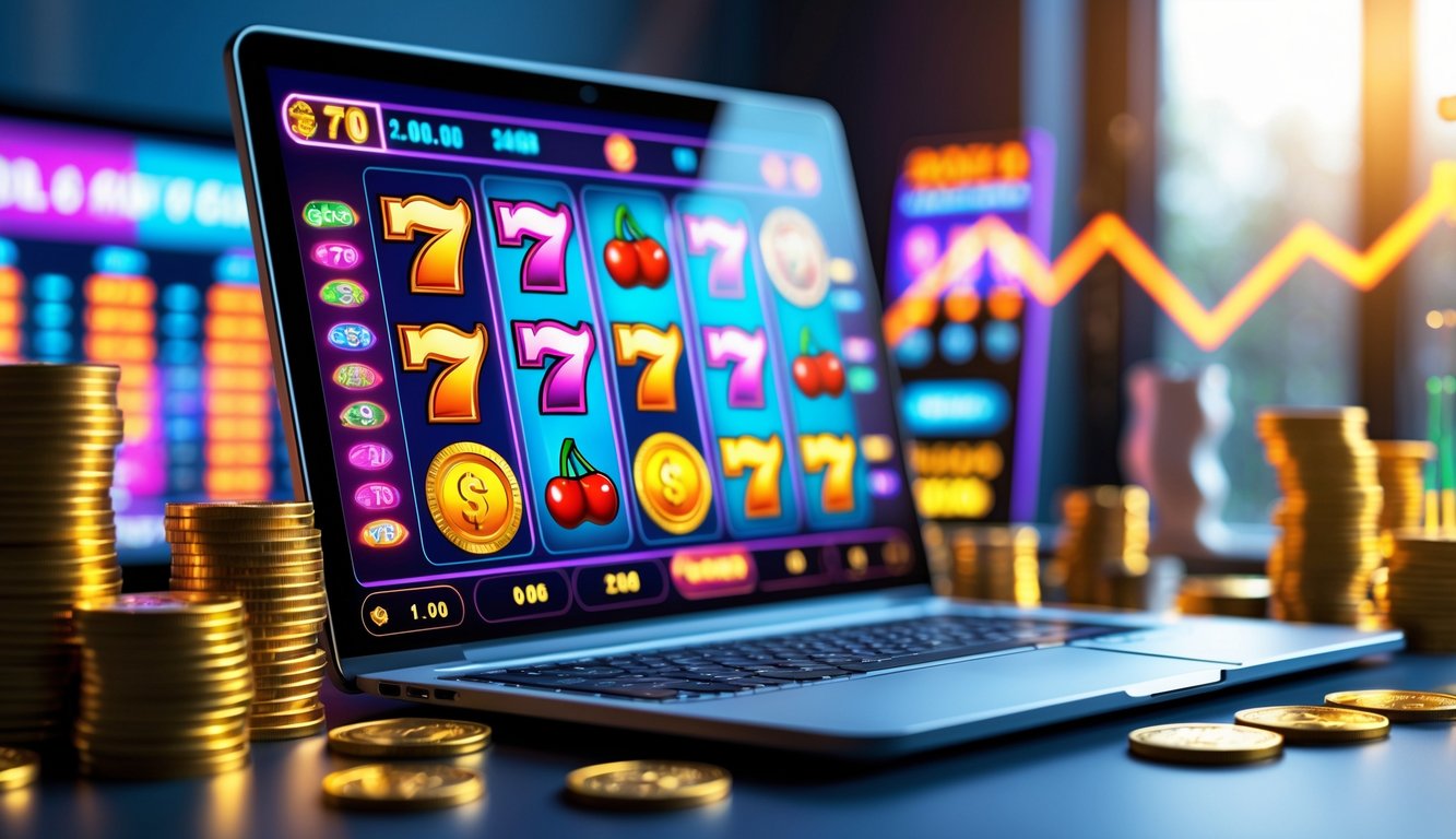 Sebuah komputer menampilkan permainan slot online dengan simbol kemenangan dan koin di sekitar meja kerja.