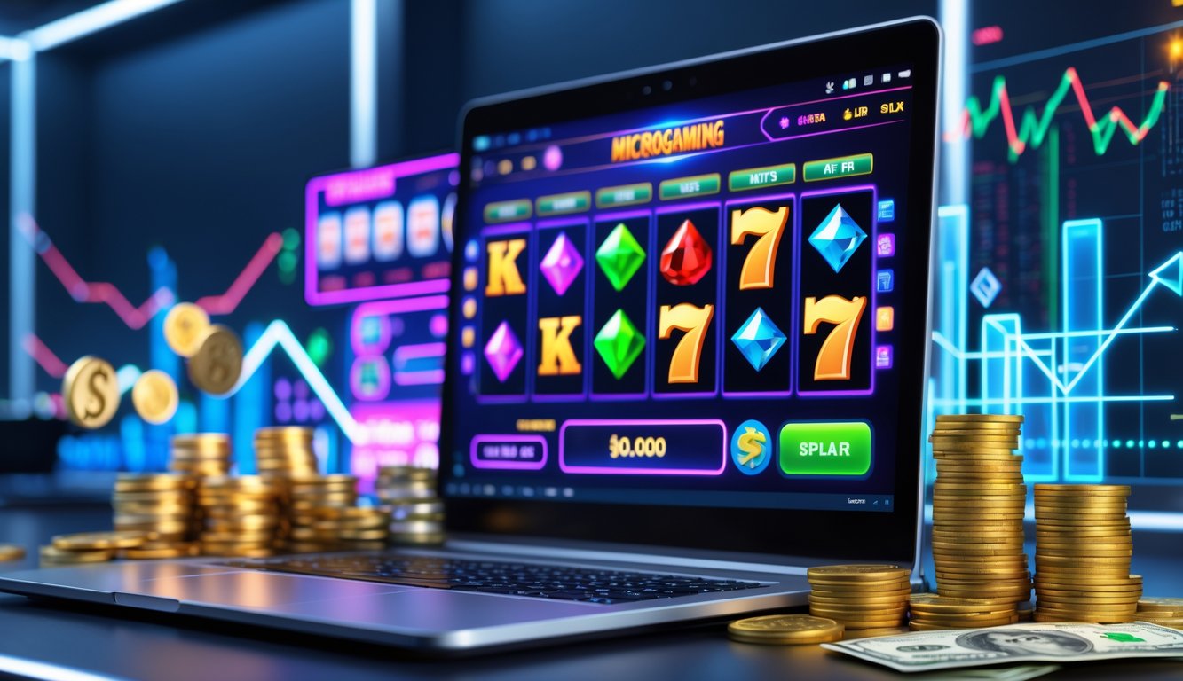 Sebuah layar komputer menampilkan permainan slot online dengan simbol warna-warni dan tumpukan koin di sekitarnya, menggambarkan suasana permainan slot Microgaming yang menguntungkan.