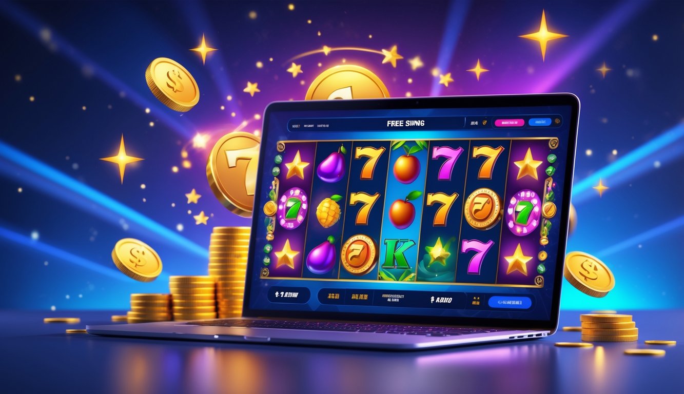 Layar komputer menampilkan permainan slot online dengan simbol berwarna-warni dan elemen digital yang menggambarkan putaran gratis dan fitur bonus.