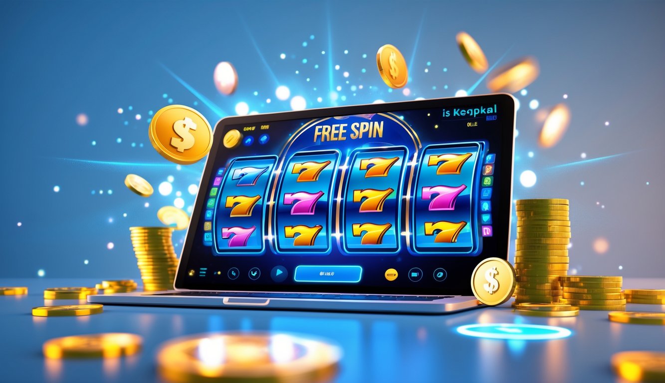 Layar perangkat digital menampilkan mesin slot online dengan simbol warna-warni dan ikon putaran gratis, dikelilingi oleh koin digital dan cahaya berkilau.