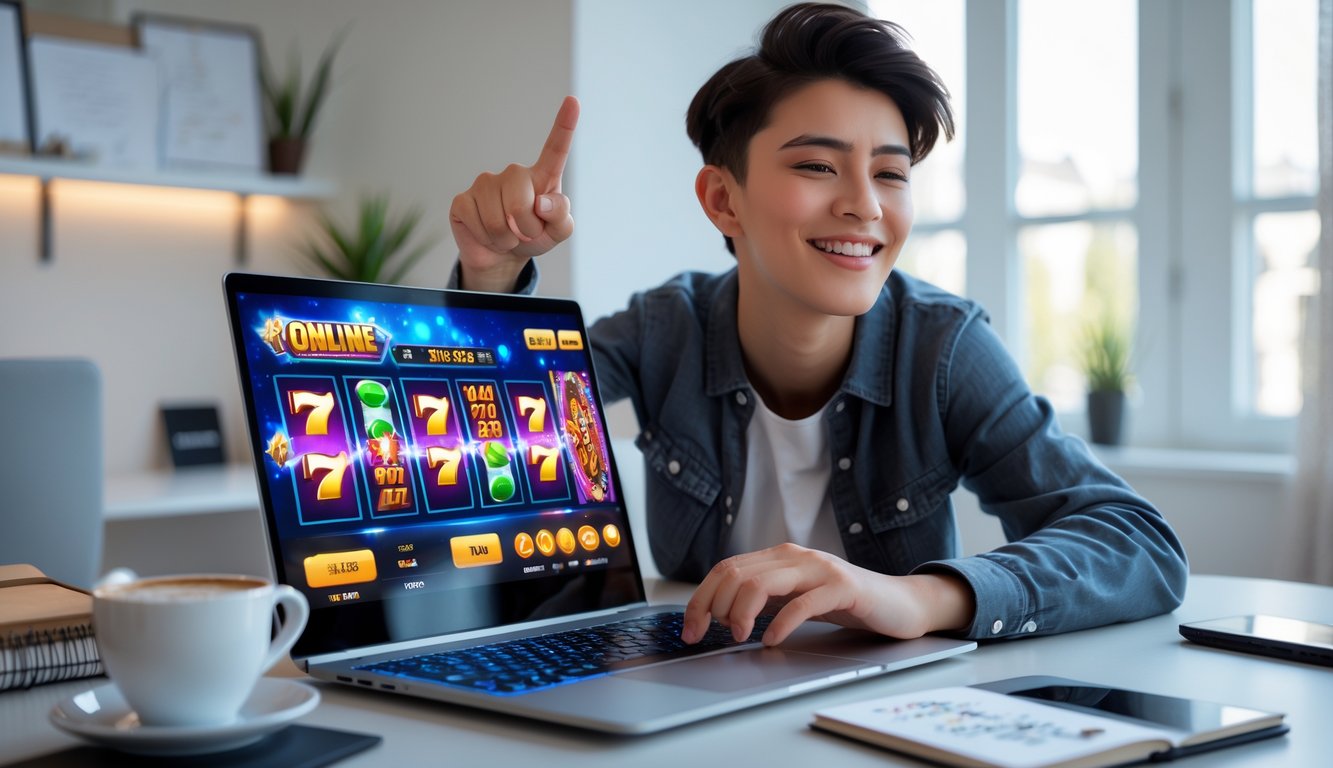 Seorang pemula bermain permainan slot online di laptop di ruang kerja rumah yang terang dan modern.