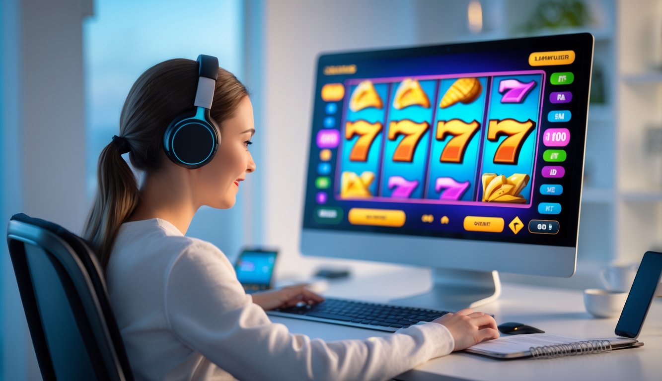 Seorang pemuda duduk di depan komputer dengan layar menampilkan permainan slot online berwarna-warni, suasana ruangan terang dan nyaman.