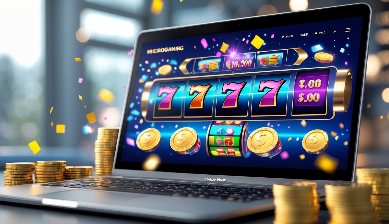 Sebuah meja dengan komputer yang menampilkan permainan slot online dengan grafik warna-warni dan elemen kemenangan seperti koin berkilau dan konfeti.
