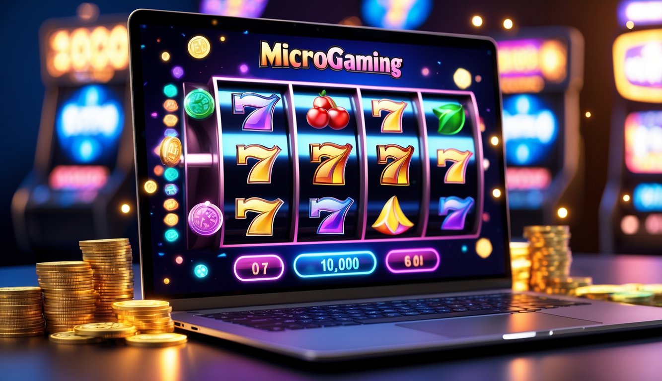 Layar komputer menampilkan permainan slot Microgaming dengan simbol warna-warni dan koin di sekitarnya.