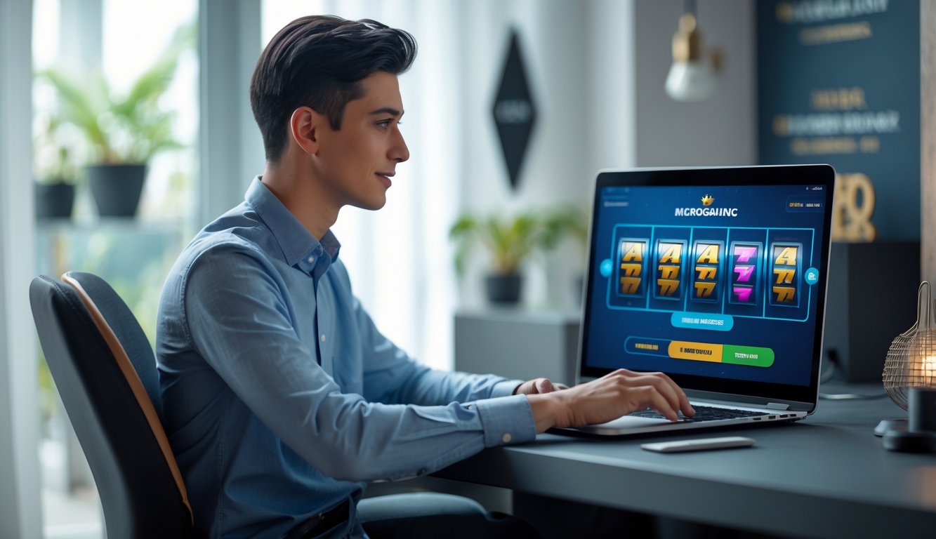 Seseorang duduk di depan laptop dengan tampilan permainan slot online, menunjukkan suasana aman dan terpercaya.