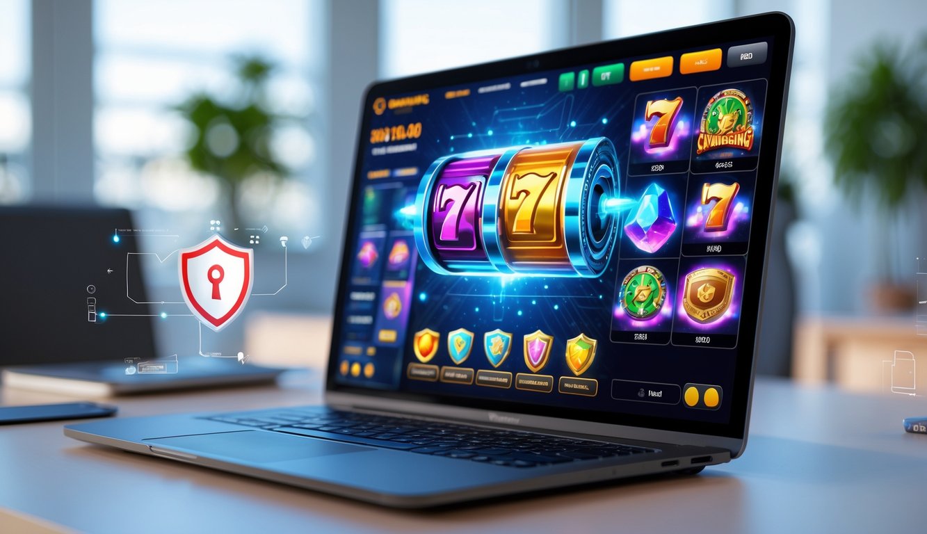 Seorang pengguna sedang bermain permainan slot Microgaming di komputer dengan latar belakang kantor yang rapi dan elemen keamanan digital terlihat di sekitar layar.