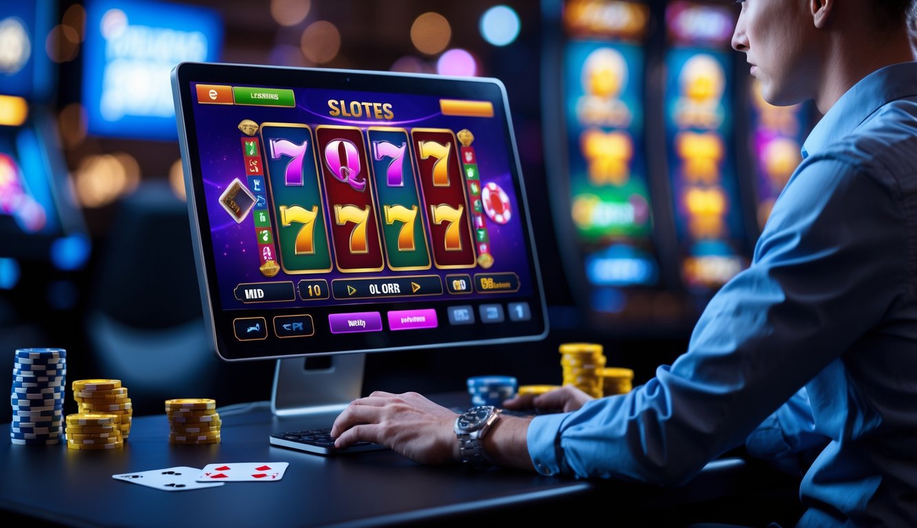 Seorang profesional menggunakan komputer dengan tampilan permainan slot online berwarna-warni di layar, dikelilingi oleh elemen kasino seperti chip dan kartu.