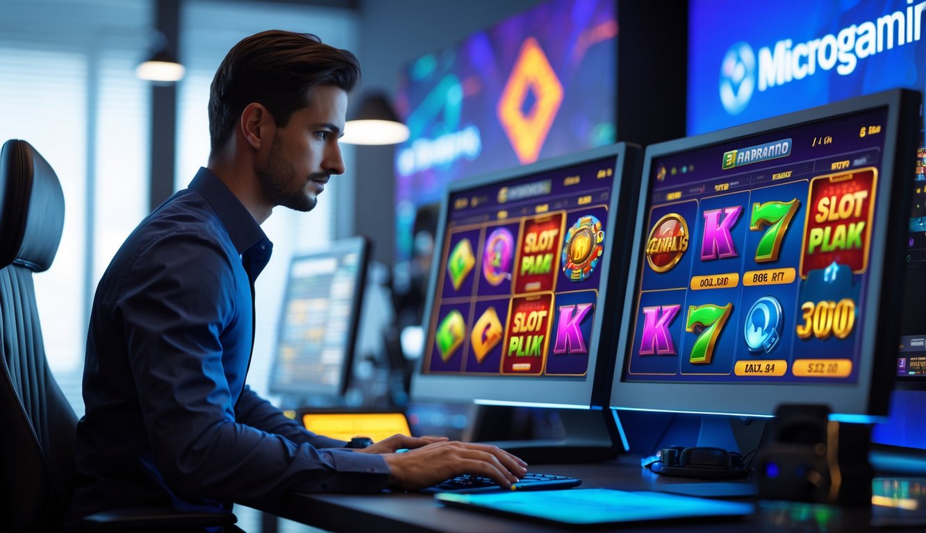 Seorang profesional sedang menganalisis permainan slot online Microgaming di depan dua monitor di ruang kantor modern.