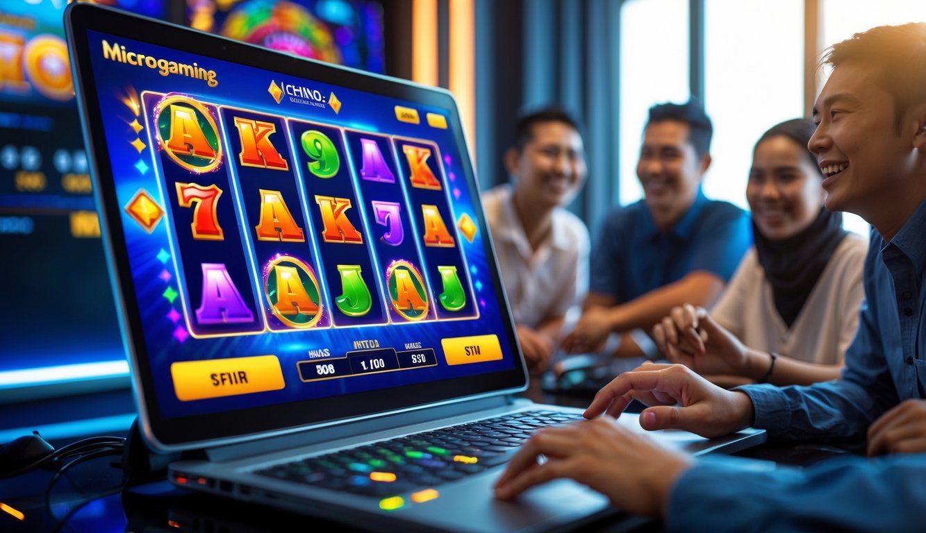 Orang-orang bermain permainan slot online Microgaming dengan layar komputer yang menampilkan gulungan slot berwarna-warni dan suasana bermain yang menyenangkan.