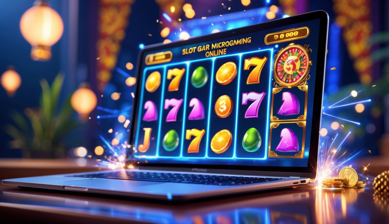 Seorang pemain menggunakan laptop dengan layar menampilkan permainan slot online yang penuh warna dan simbol kemenangan, dikelilingi efek cahaya yang menonjolkan suasana kemenangan besar.