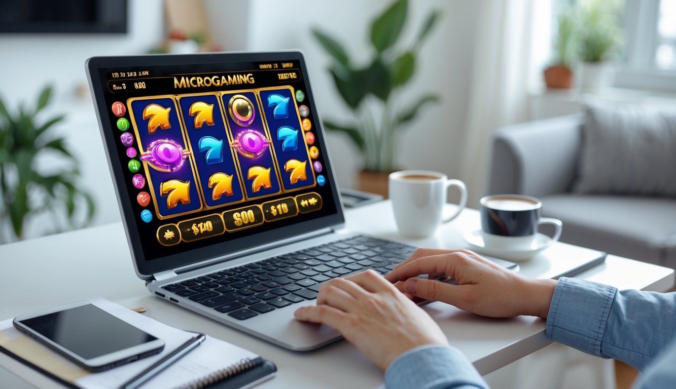 Seseorang bermain permainan slot Microgaming di laptop di ruang tamu yang nyaman dengan kopi dan ponsel di meja.