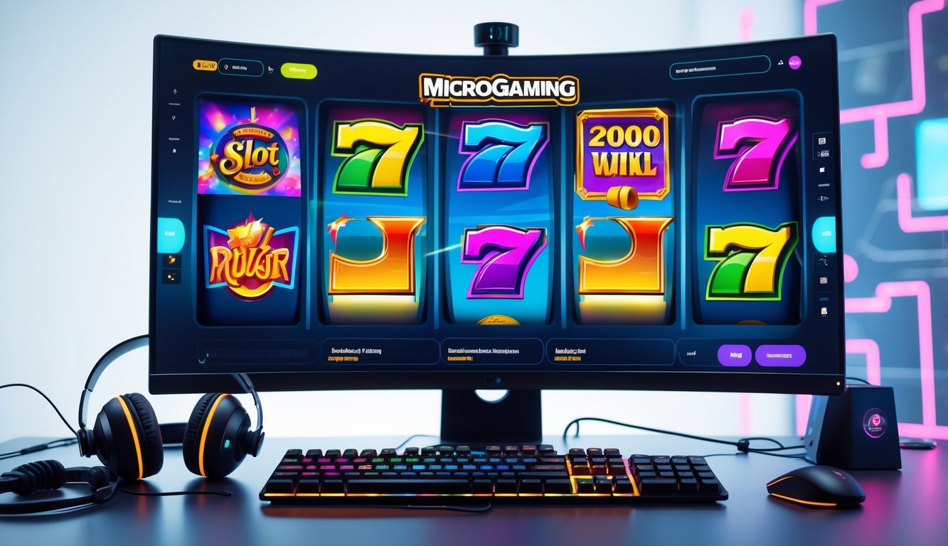 Sebuah meja kerja dengan komputer menampilkan permainan slot online berwarna-warni dari Microgaming, dilengkapi dengan aksesori gaming di sekitarnya.