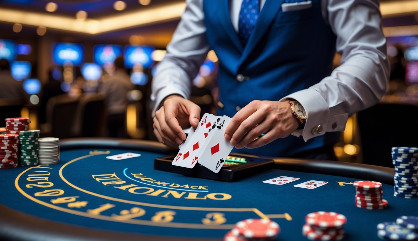 Seorang dealer blackjack sedang membagikan kartu di meja kasino dengan pemain yang memperhatikan.