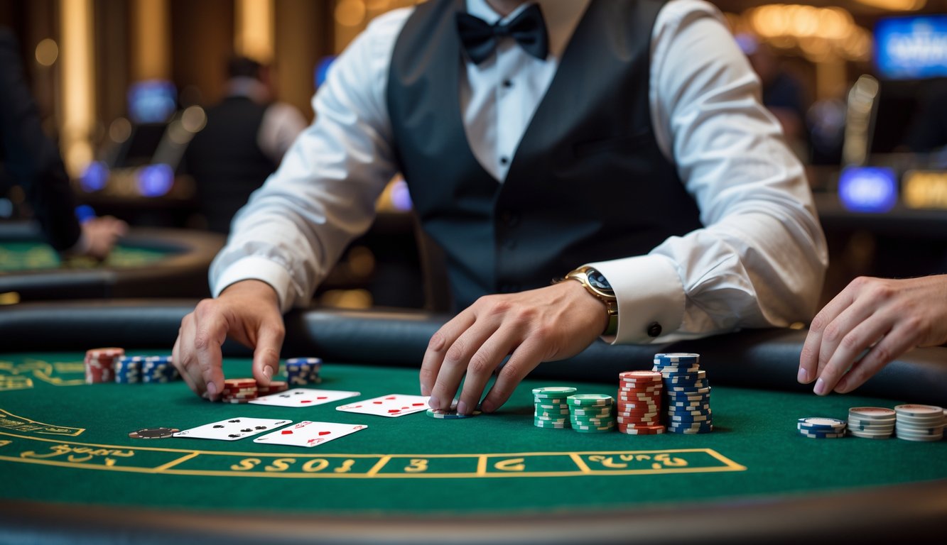 Seorang dealer blackjack sedang membagikan kartu di meja hijau dengan suasana kasino di latar belakang.