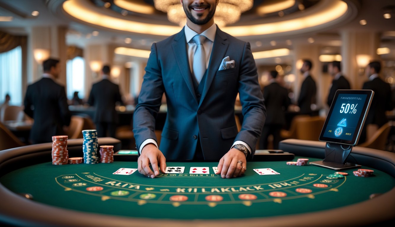 Seorang dealer blackjack berdiri di belakang meja hijau dengan kartu dan chip, dikelilingi oleh suasana kasino yang elegan dan pencahayaan lembut.