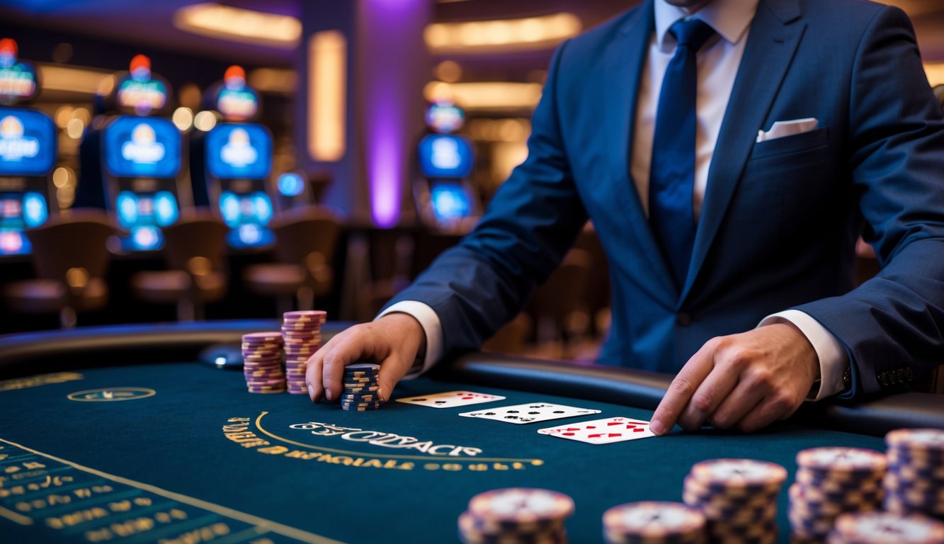 Seorang dealer blackjack sedang membagikan kartu di meja kasino dengan tumpukan chip, latar belakang kasino yang samar terlihat.