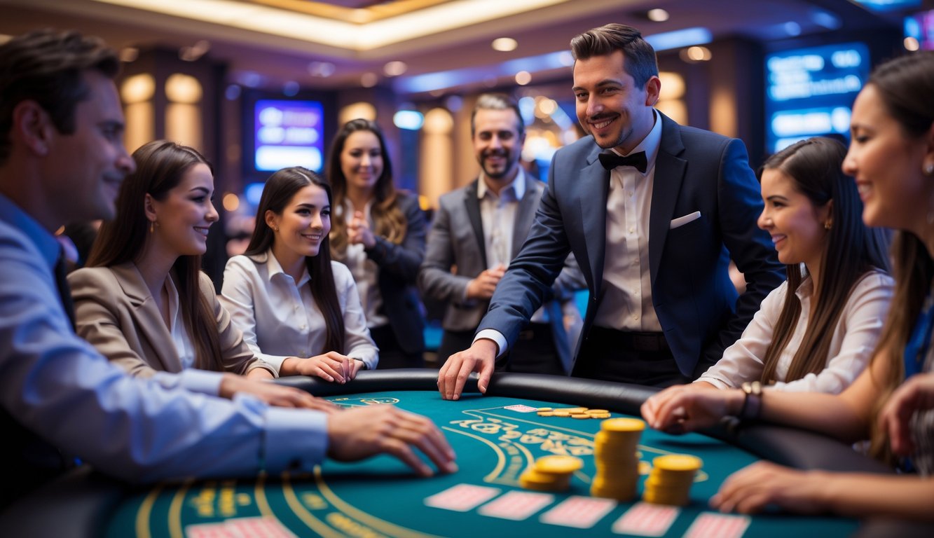 Seorang dealer blackjack live sedang melayani beberapa pemain pemula di meja blackjack di dalam kasino.