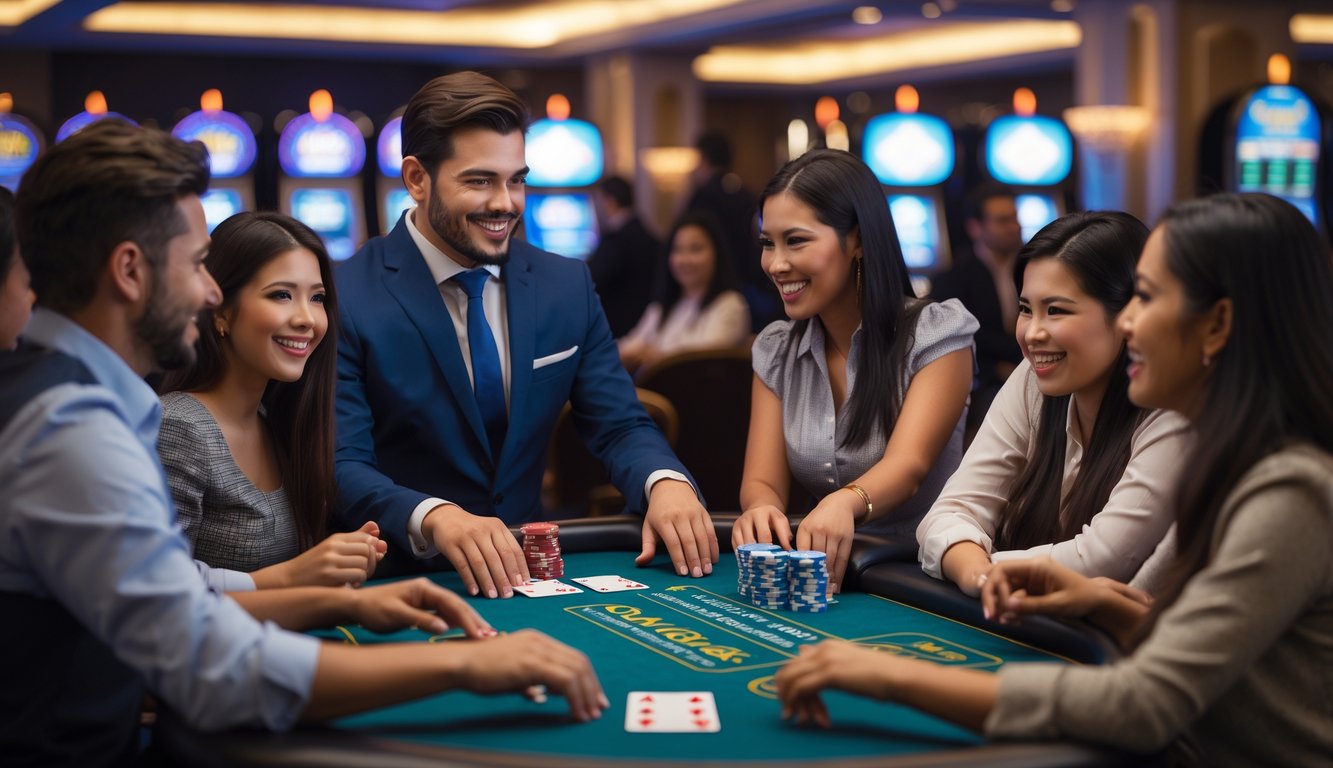 Suasana meja blackjack dengan dealer langsung dan beberapa pemain yang sedang bermain di kasino.
