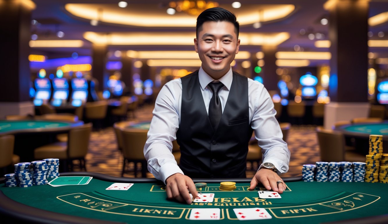 Seorang dealer blackjack sedang membagikan kartu di meja hijau dengan tumpukan chip di kasino yang mewah.