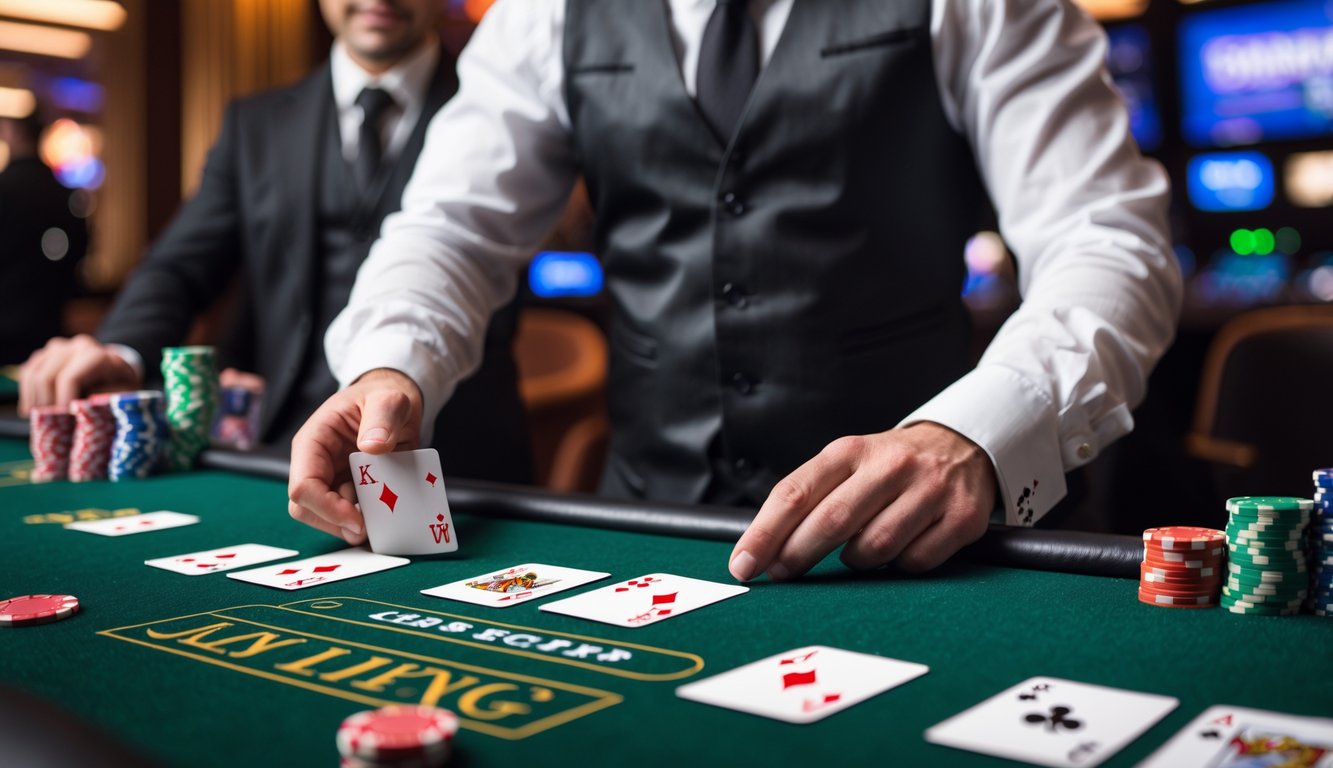 Seorang dealer blackjack sedang membagikan kartu di meja hijau dengan chip dan kartu tertata rapi di kasino.