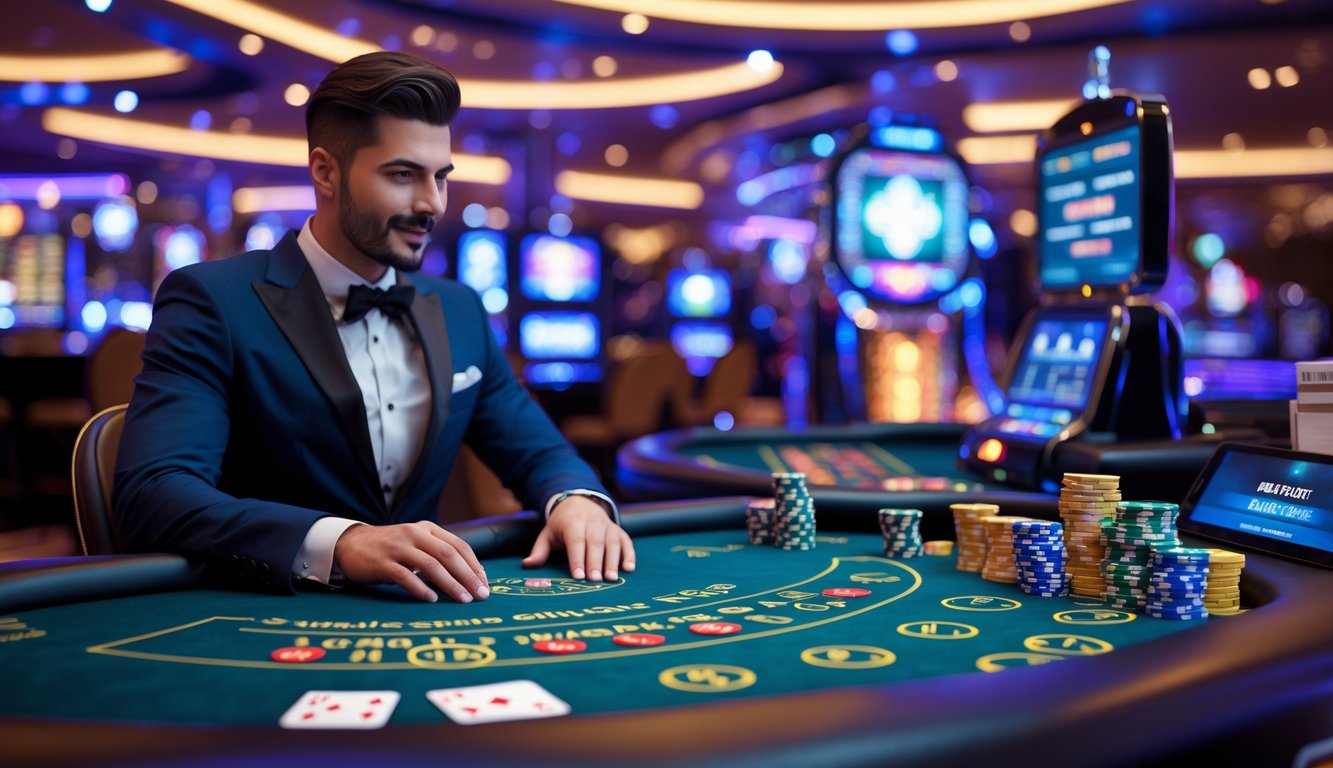 Seorang dealer blackjack sedang melayani pemain di meja kasino dengan kartu dan chip di sekitarnya.