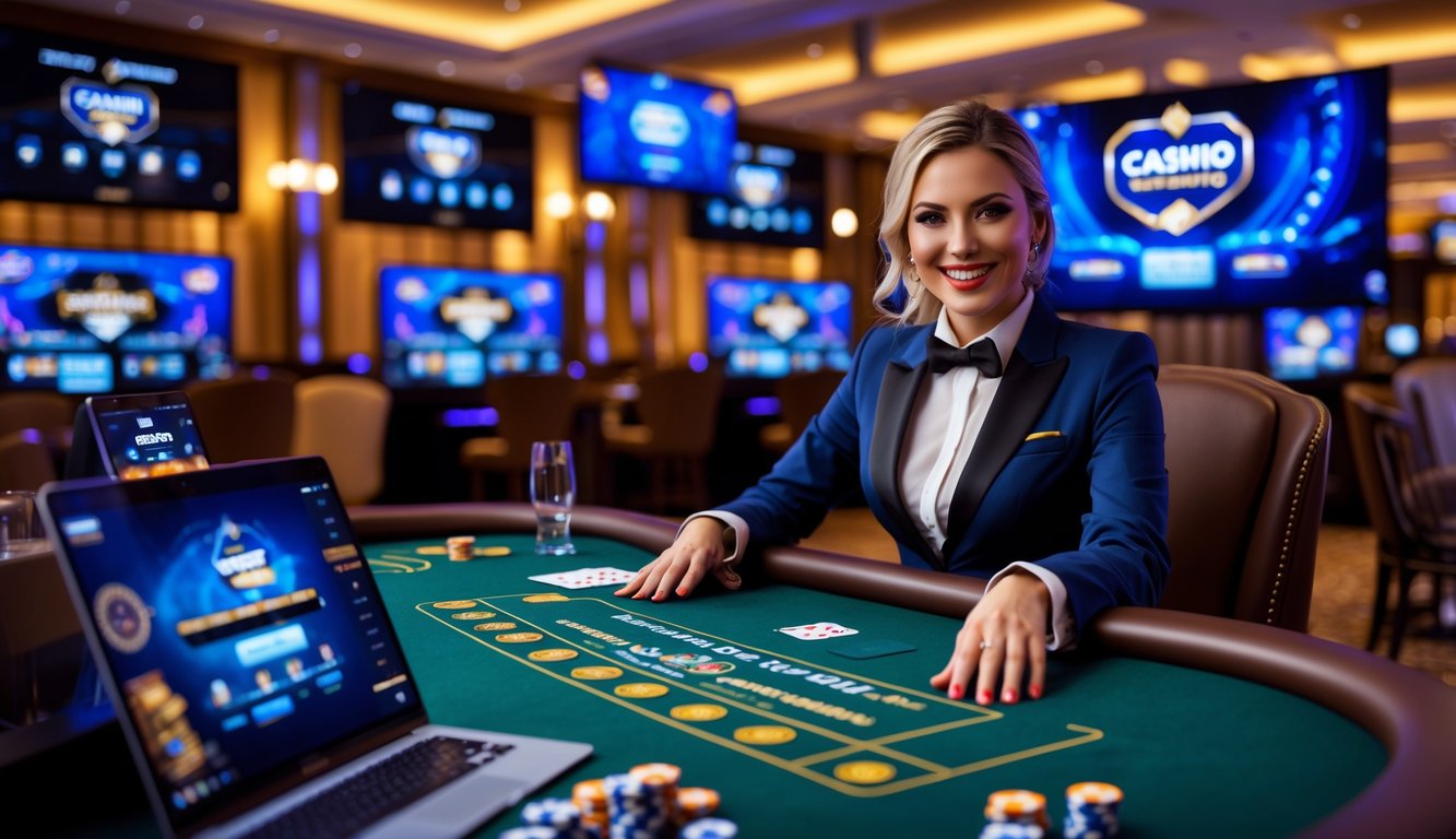 Seorang dealer blackjack live yang tersenyum duduk di meja kasino dengan kartu dan chip, dikelilingi layar yang menampilkan permainan kasino online.