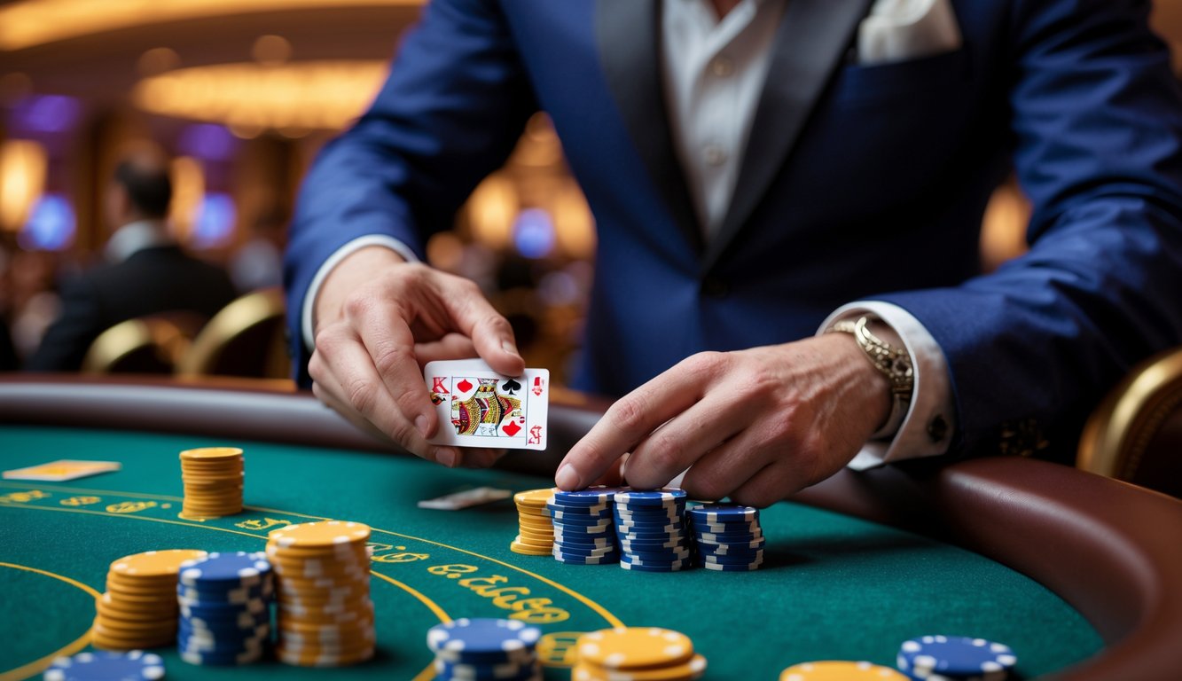 Seorang dealer profesional sedang membagikan kartu di meja blackjack dengan chip taruhan di kasino yang mewah.