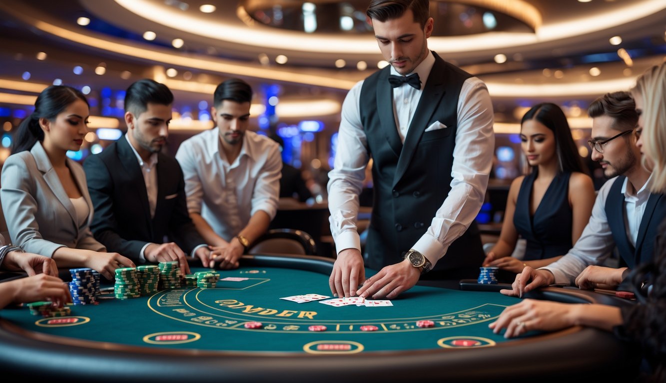 Seorang dealer blackjack live yang berpakaian rapi sedang membagikan kartu di meja kasino dengan pemain yang fokus mengelola chip dan memasang taruhan.