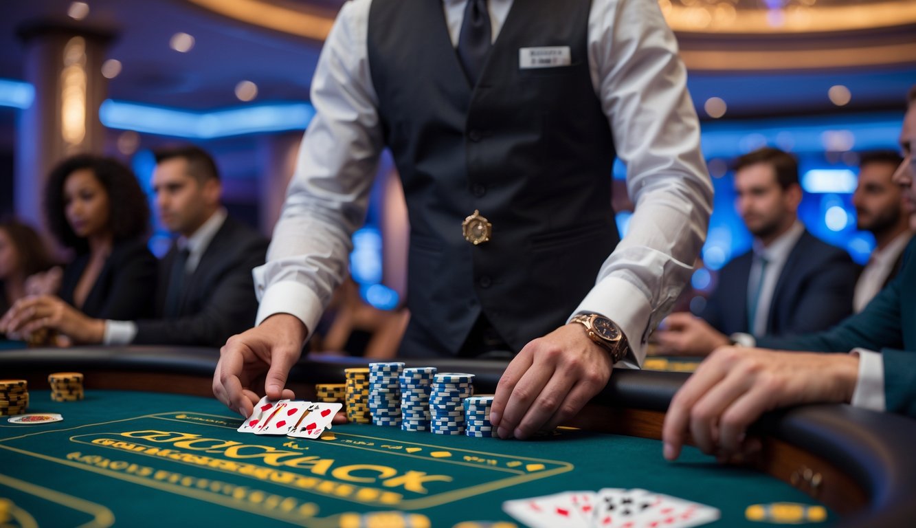 Seorang dealer blackjack sedang membagikan kartu di meja permainan dengan beberapa pemain memperhatikan dengan serius di kasino mewah.