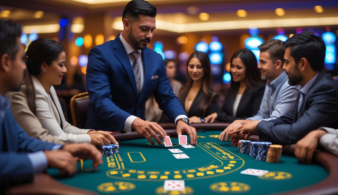 Seorang dealer blackjack yang profesional sedang membagikan kartu kepada beberapa pemain di meja kasino dengan chip dan kartu terlihat jelas.