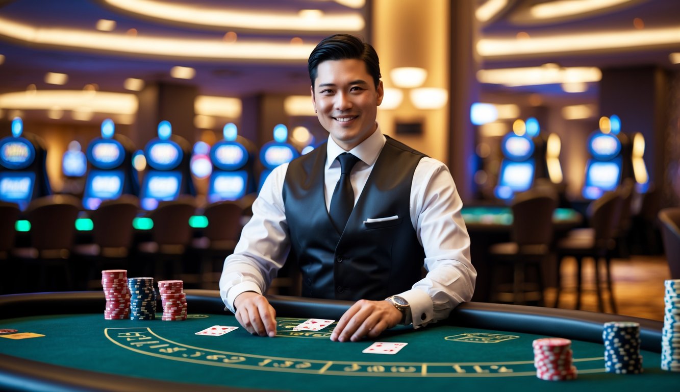 Seorang dealer blackjack profesional sedang membagikan kartu di meja kasino dengan suasana yang terang dan ramah.