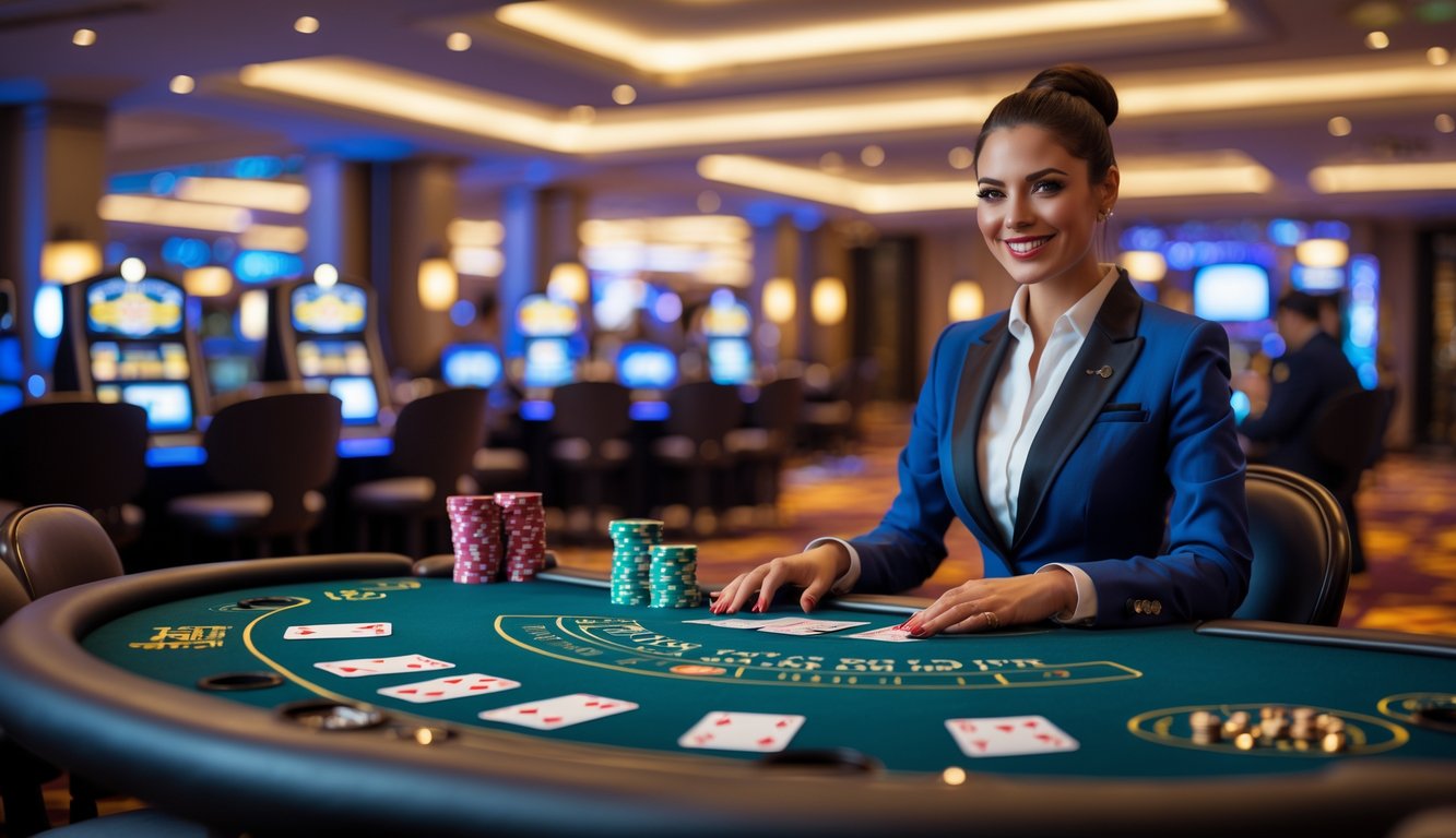 Seorang dealer blackjack profesional di meja kasino dengan kartu dan chip, berinteraksi dengan pemain dalam suasana kasino yang elegan dan terang.