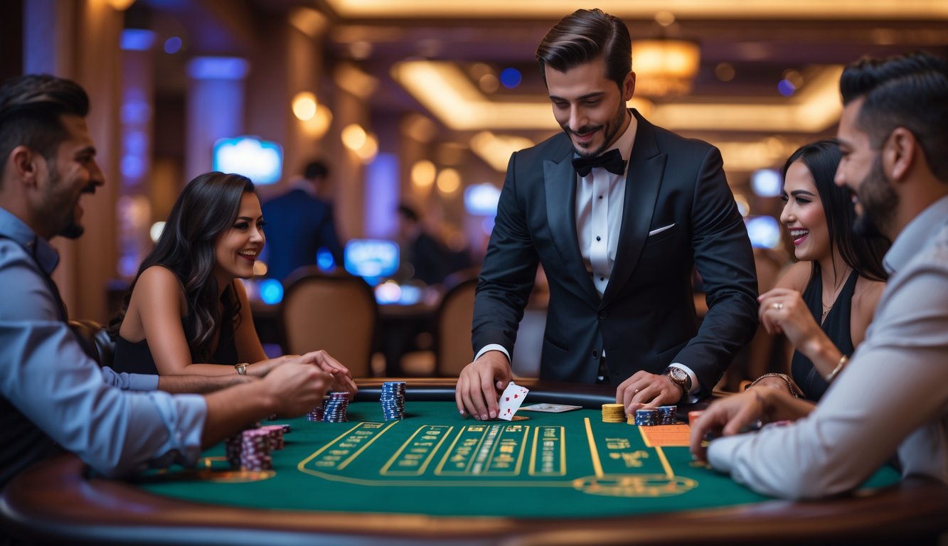 Seorang dealer blackjack profesional sedang membagikan kartu kepada pemain yang antusias di meja hijau dalam suasana kasino mewah.