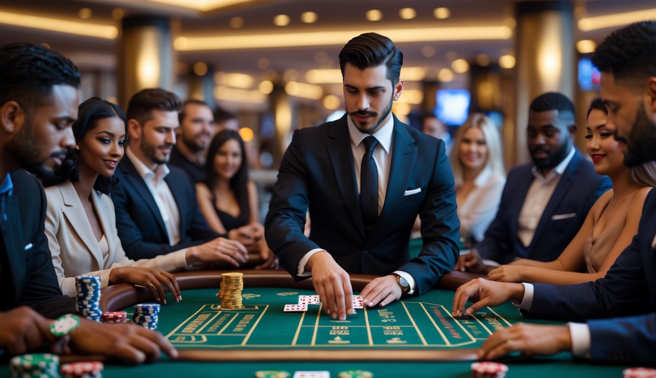 Seorang dealer blackjack langsung sedang membagikan kartu di meja hijau dengan beberapa pemain yang memperhatikan dan memasang chip.