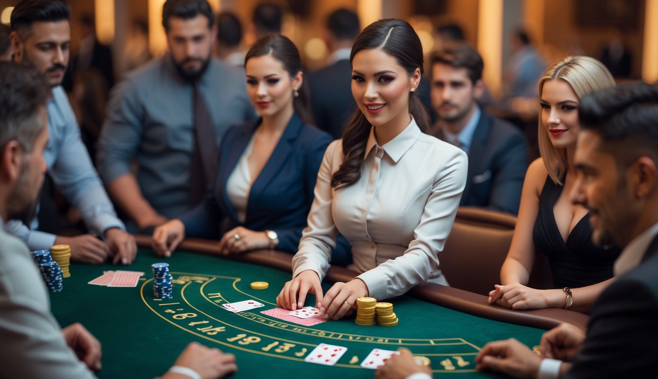 Seorang dealer wanita sedang membagikan kartu blackjack di meja kasino dengan beberapa pemain yang fokus bermain.