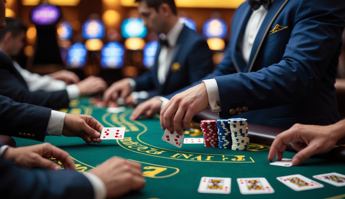Seorang dealer blackjack yang fokus membagikan kartu di meja hijau dengan beberapa tangan pemain dan chip terlihat di sekitarnya dalam suasana kasino.