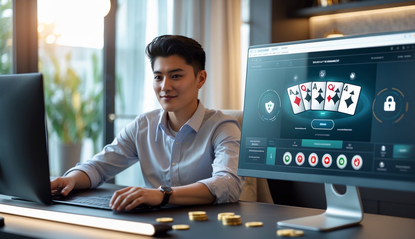 Seorang dewasa muda duduk di depan komputer dengan tampilan permainan baccarat online yang aman dan terpercaya, di ruangan yang nyaman dan terang.