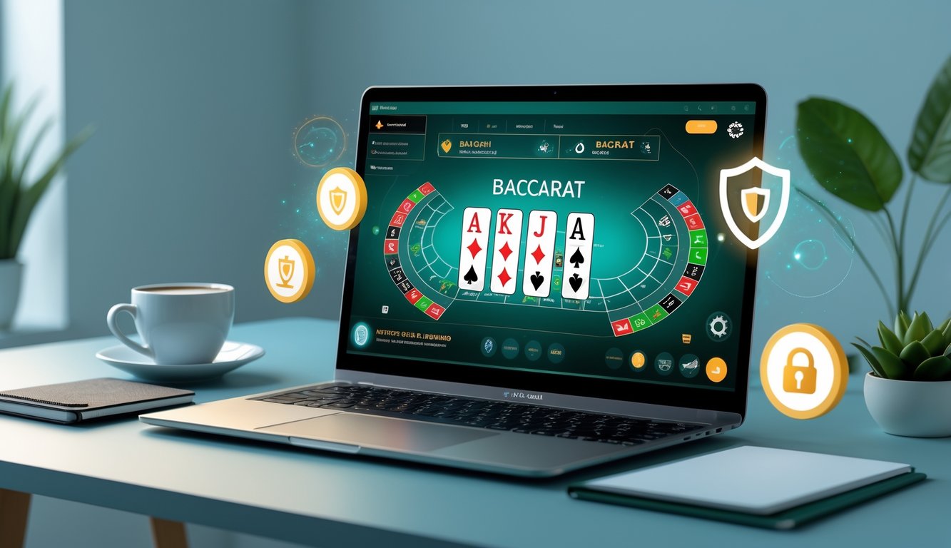 Seorang pengguna sedang bermain baccarat online di laptop dengan latar ruang kerja yang rapi dan elemen simbol keamanan di sekitar perangkat.
