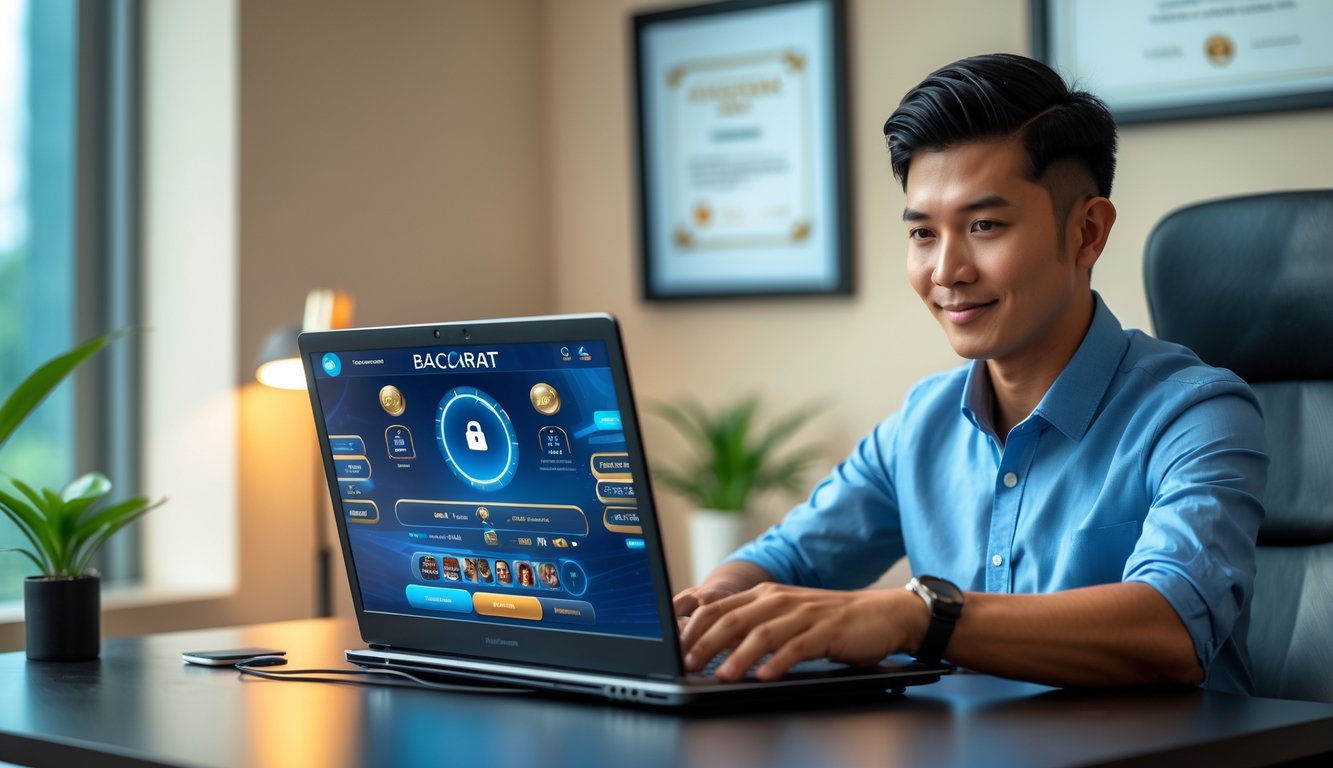 Seorang pria muda Indonesia duduk di meja kerja menggunakan laptop dengan tampilan permainan baccarat online, di ruangan kantor yang rapi dan terang.