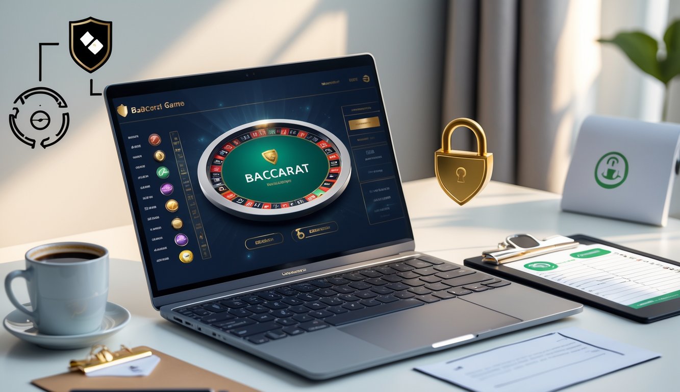 Seorang pria duduk di depan laptop dengan tampilan permainan baccarat online dan simbol keamanan di sekitar meja kerja.