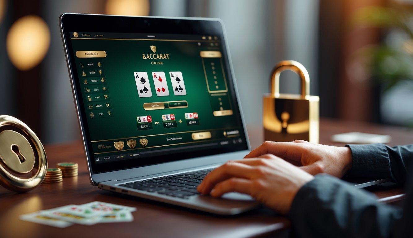 Seorang pemain sedang menggunakan komputer dengan tampilan permainan baccarat online yang aman dan terpercaya.