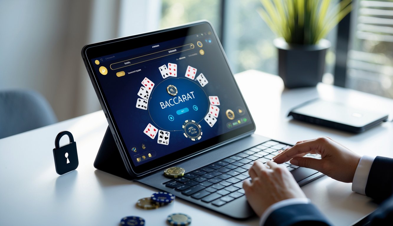 Seorang pemain menggunakan laptop untuk bermain baccarat online dengan tampilan kartu dan chip di layar, di meja yang bersih dan terang.