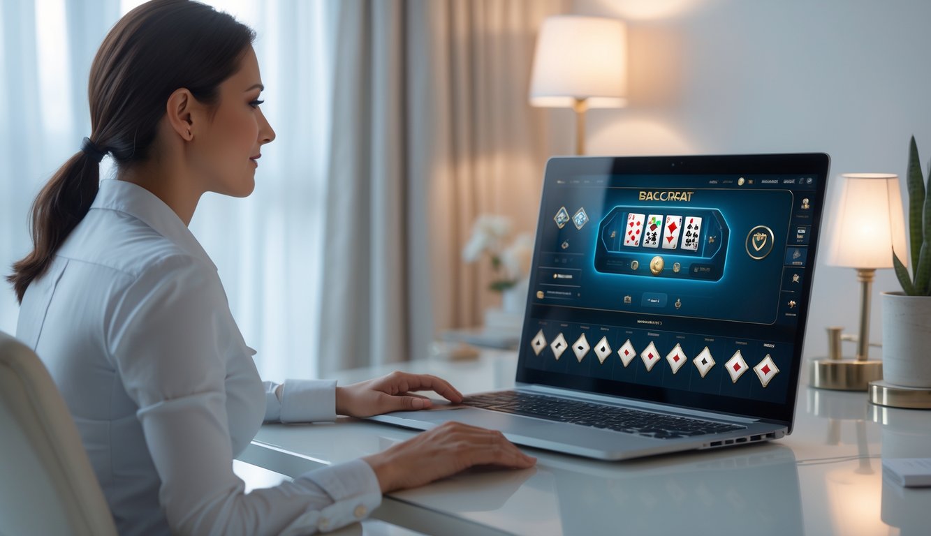 Seorang pemain dewasa duduk di depan laptop yang menampilkan permainan baccarat online di ruang kerja yang rapi dan terang.