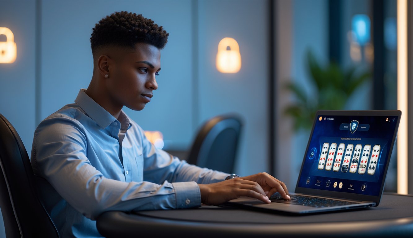 Seorang dewasa muda duduk di meja permainan modern sambil bermain baccarat online dengan laptop di lingkungan yang aman dan terpercaya.