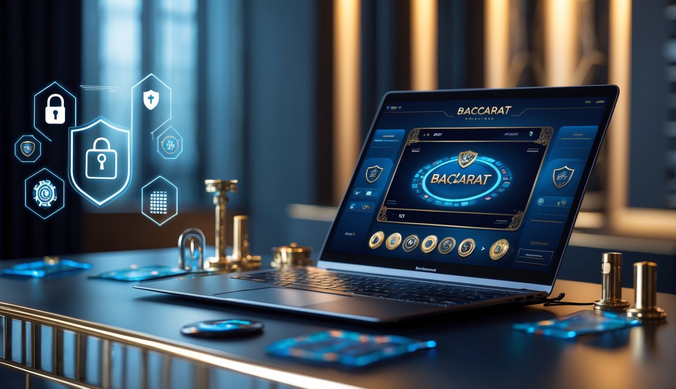 Sebuah meja dengan komputer yang menampilkan permainan baccarat online, dikelilingi ikon keamanan digital yang menunjukkan sistem keamanan yang kuat.